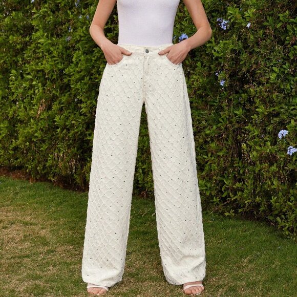 Casual Women's Wide Leg Textured Fringe Detail Palazzo denim  Pants - Picture 3 of 6